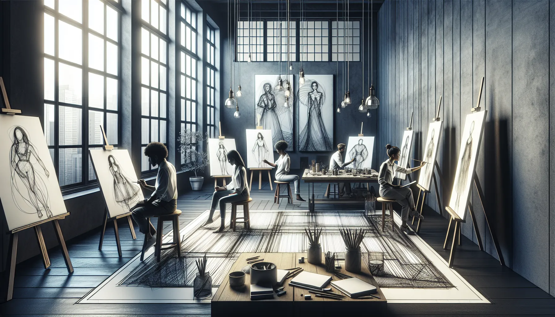 diverse artists creating outline art in a modern studio.