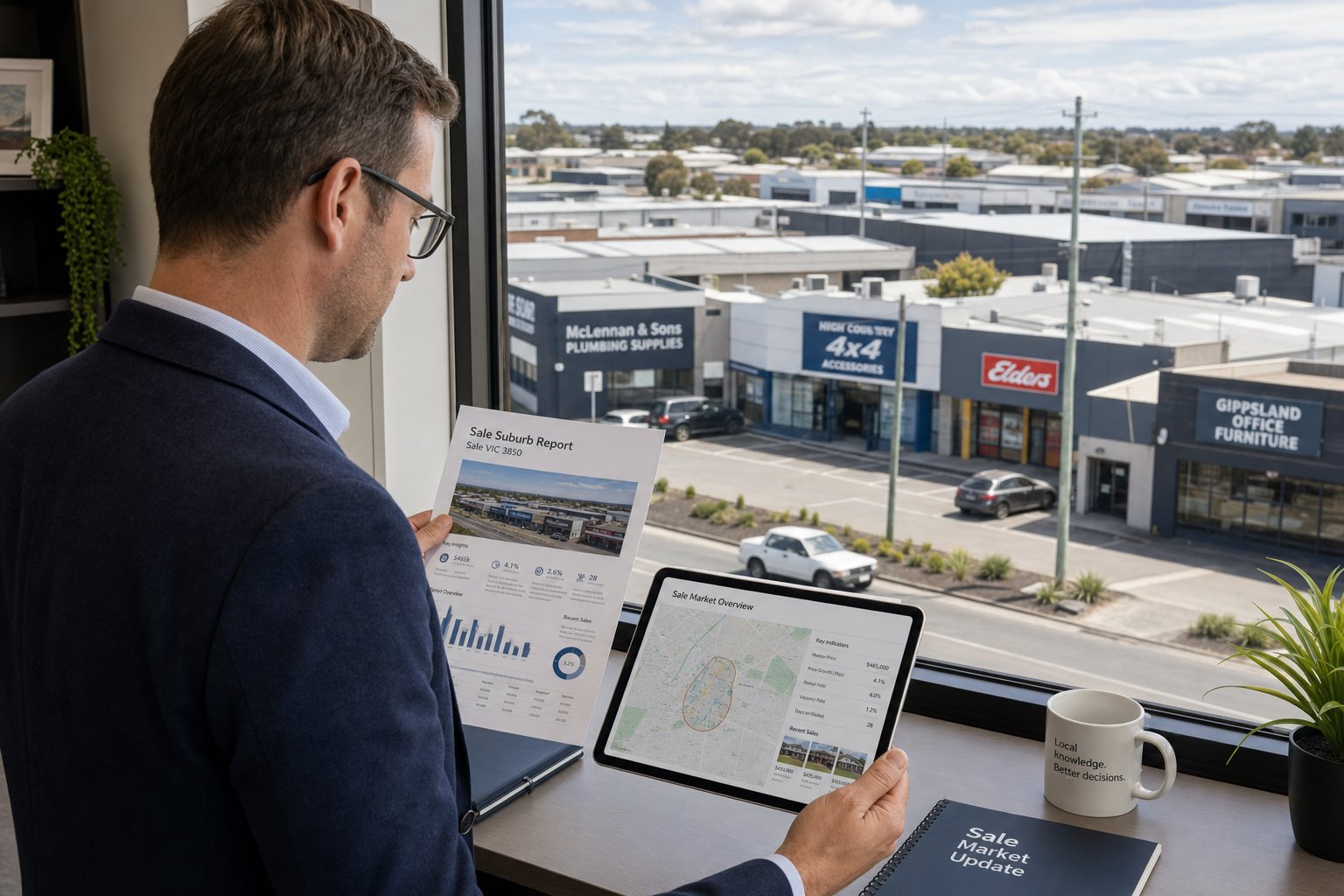 Property professional reviewing local commercial market information with Sale-style business district in view.