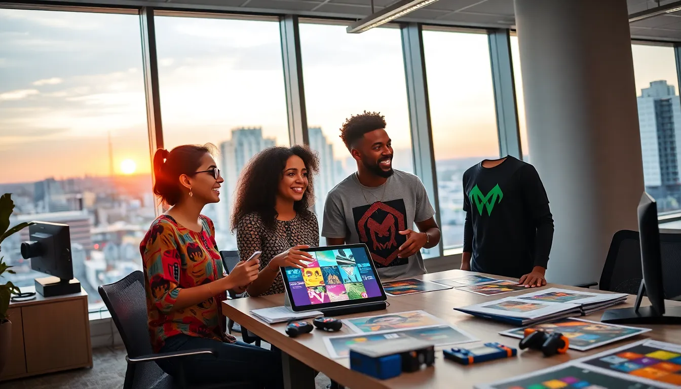 a diverse team brainstorming in a modern game design office.