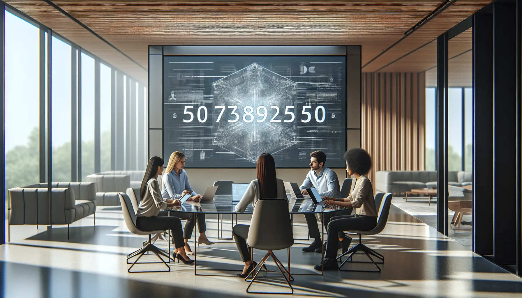 diverse professionals discussing the significance of a number in a modern office.