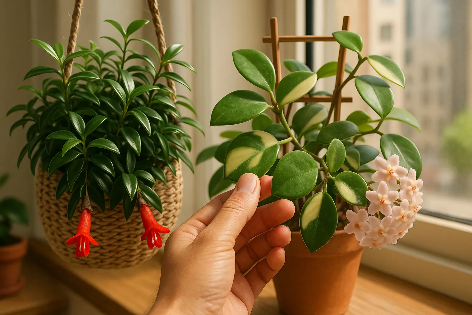 Close-up comparison of Hoya and lipstick plant with hand pressing Hoya leaf.