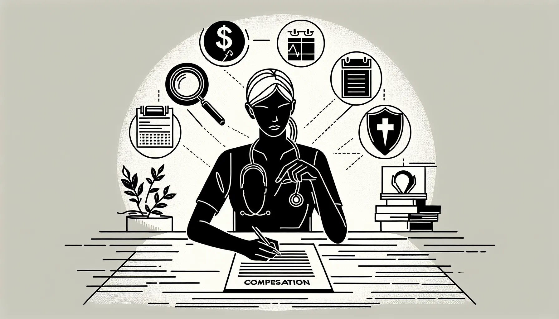 A veterinarian reviewing a contract with icons for pay, noncompete, and liability.