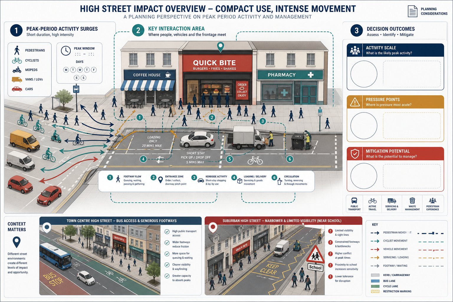Infographic of fast food transport impacts on a busy UK high street.