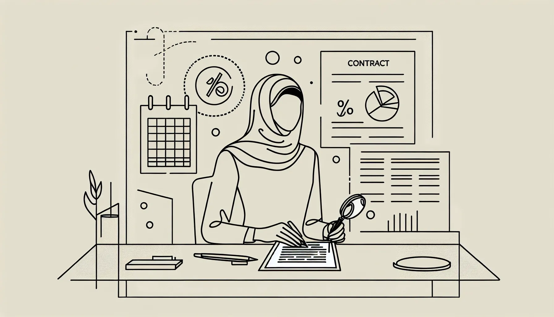 Dentist at desk examining a contract with percent, calendar, and scale icons.