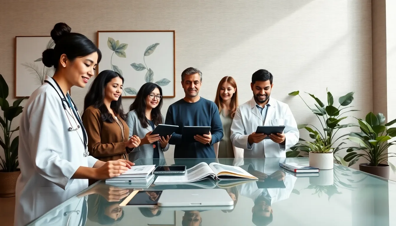 diverse health professionals collaborating in a modern wellness center.