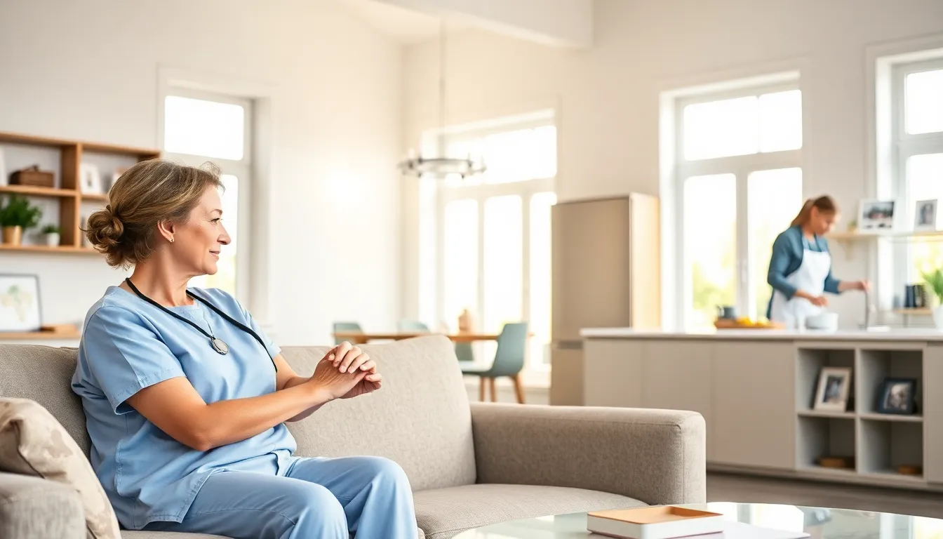 caregivers providing support to an elderly individual in a modern living room.