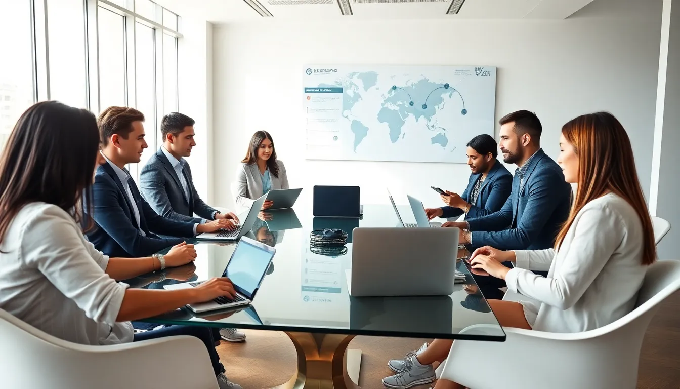 diverse professionals collaborating in a modern legal tech office.