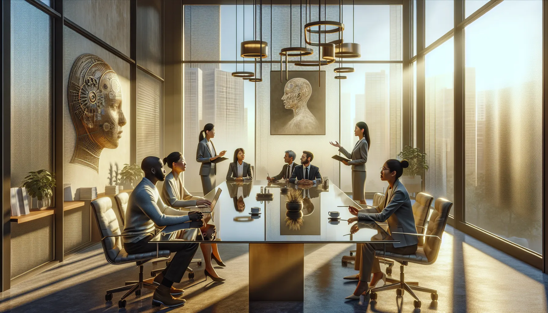 Professionals discussing philosophical concepts in a modern conference room.