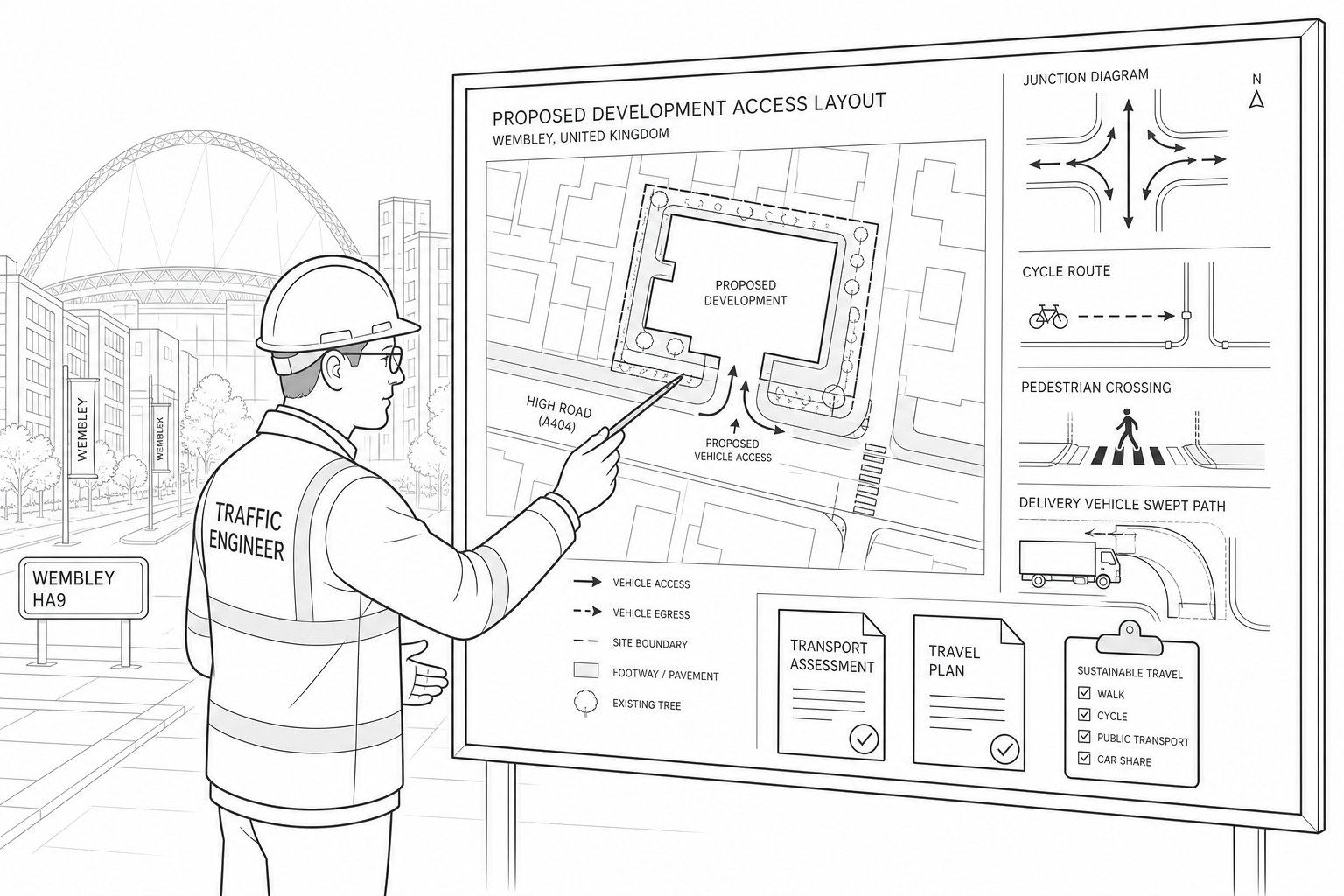 Traffic engineer reviewing a Wembley development transport plan and site access.