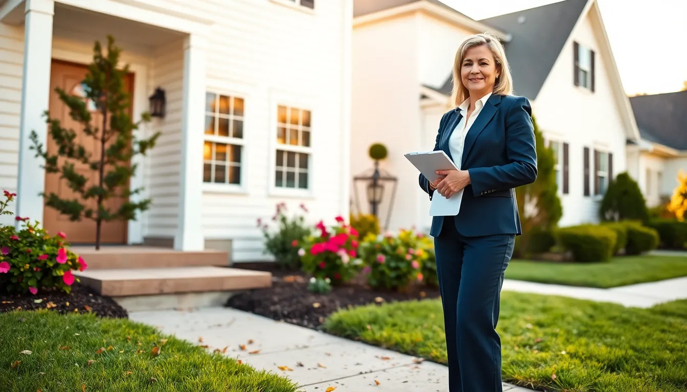 a real estate agent inspecting a clean home in a suburban neighborhood.