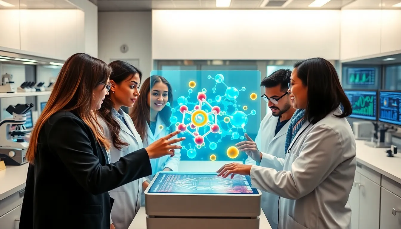 diverse researchers discussing molecular structure of Tozdroilskeux in a lab.