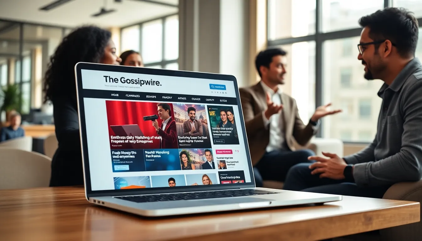 professionals discussing entertainment news on a sleek laptop in an office.