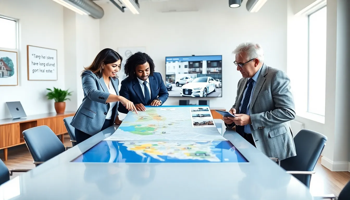 three diverse real estate agents collaborating in a modern office setting.