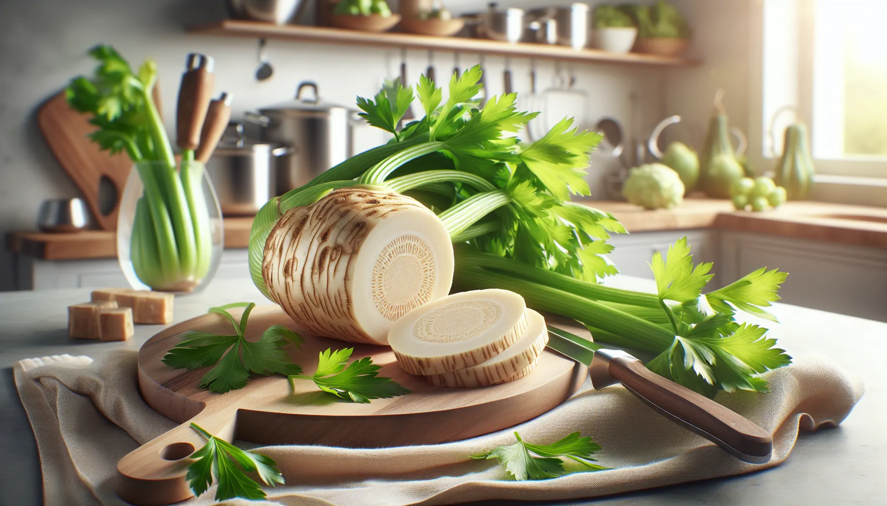 fresh celery root with green leaves in a modern kitchen setting.