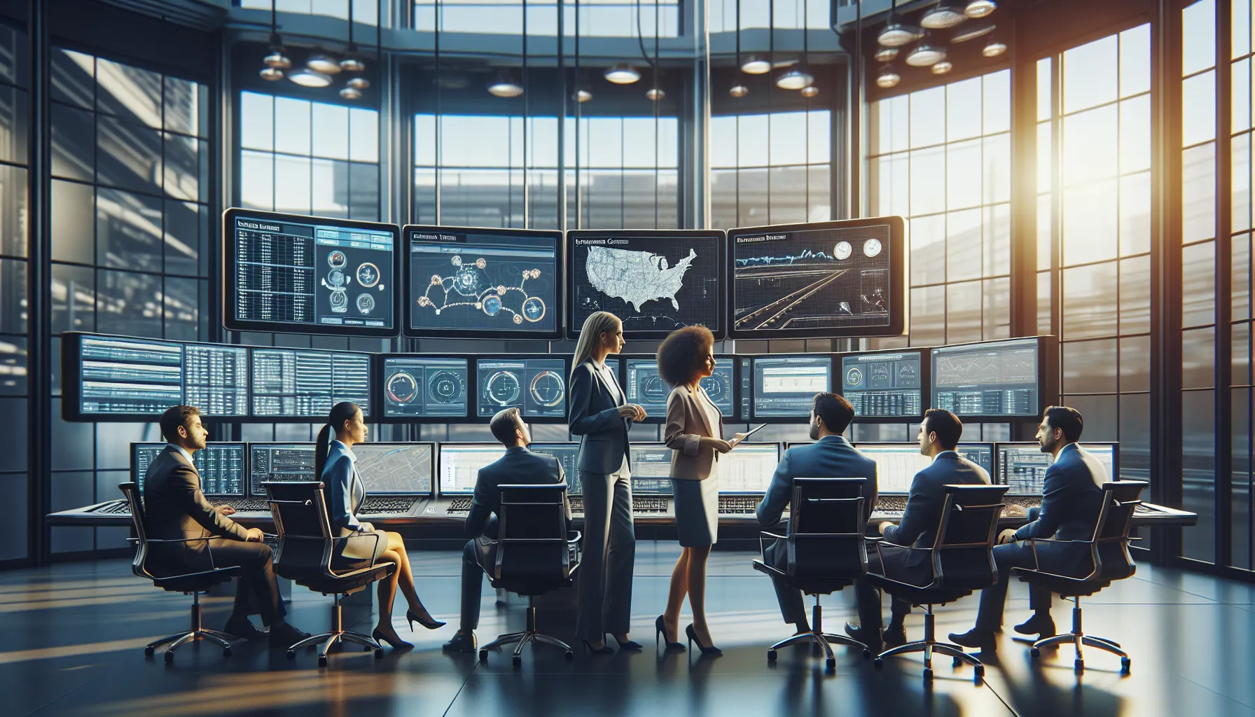 diverse team analyzing train schedules in a modern control room.