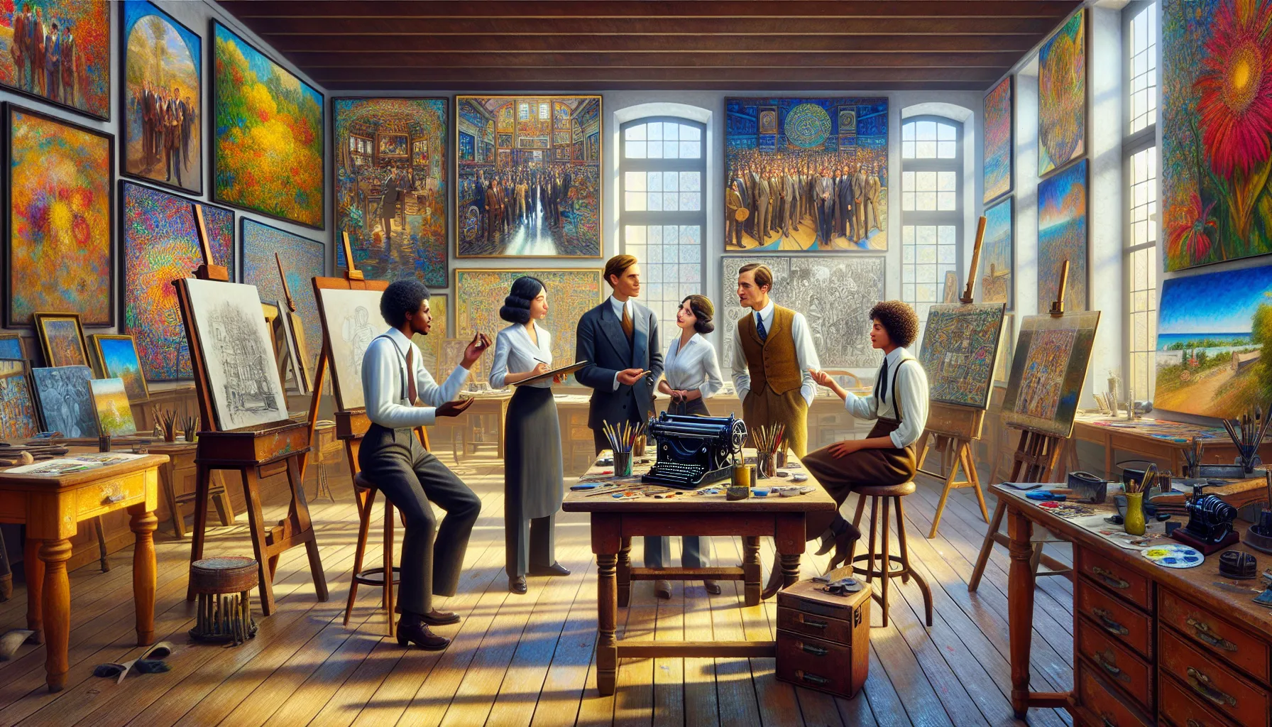 diverse artists collaborating in a contemporary art studio.