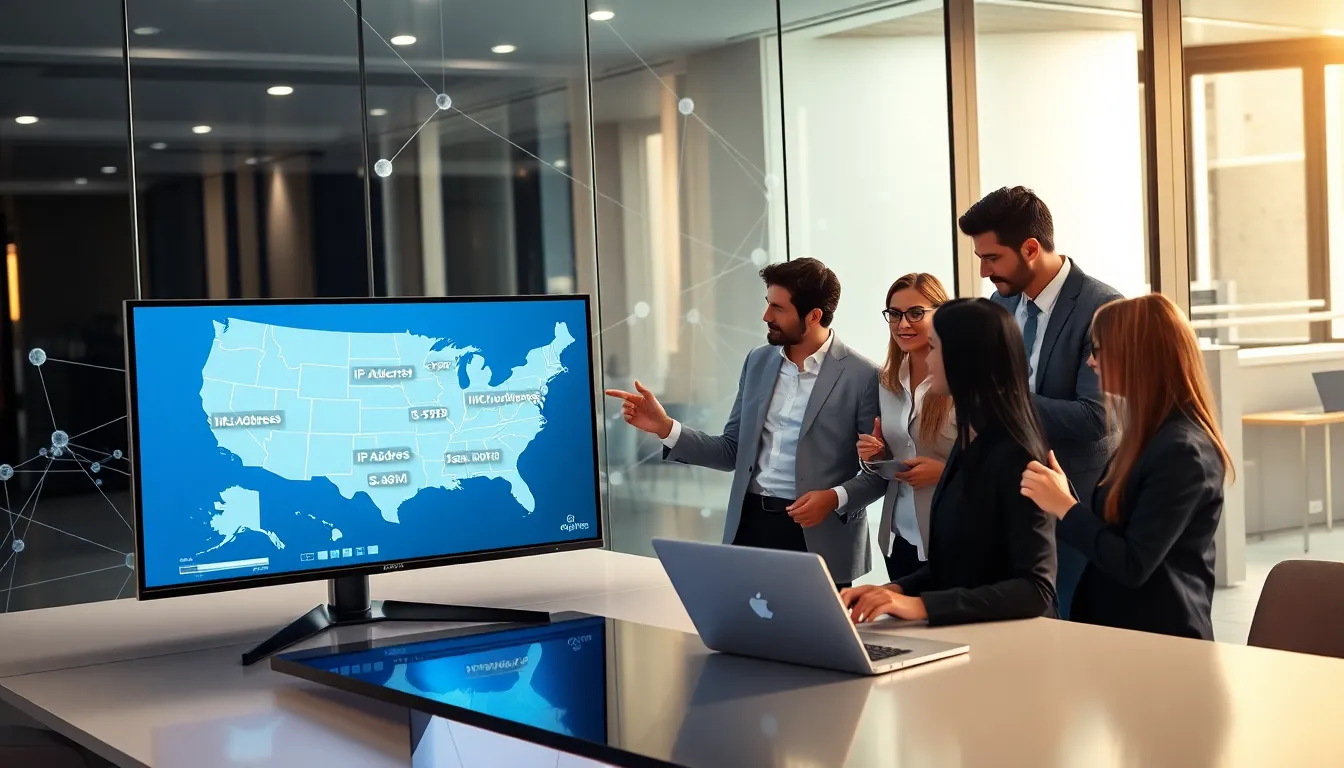 diverse team discussing IP addresses in a modern office.
