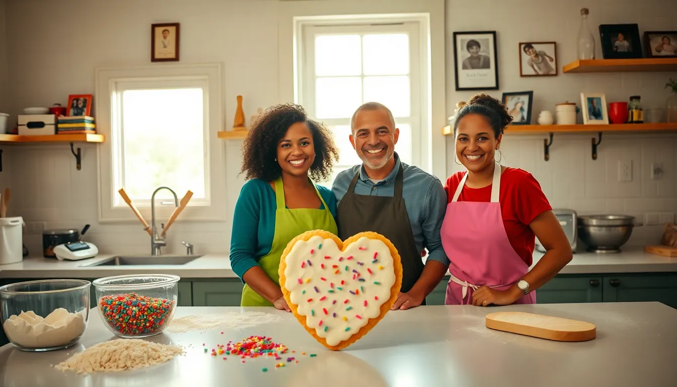 diverse bakers creating heart-shaped cookies in a cozy kitchen.