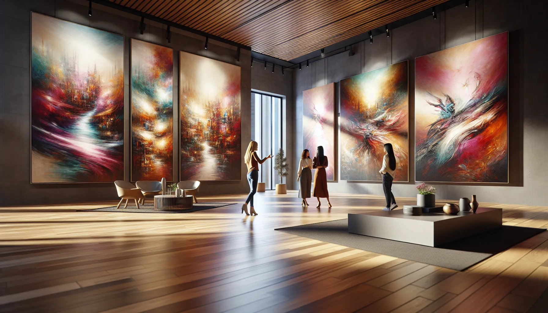 diverse art lovers discussing paintings in a vibrant gallery.