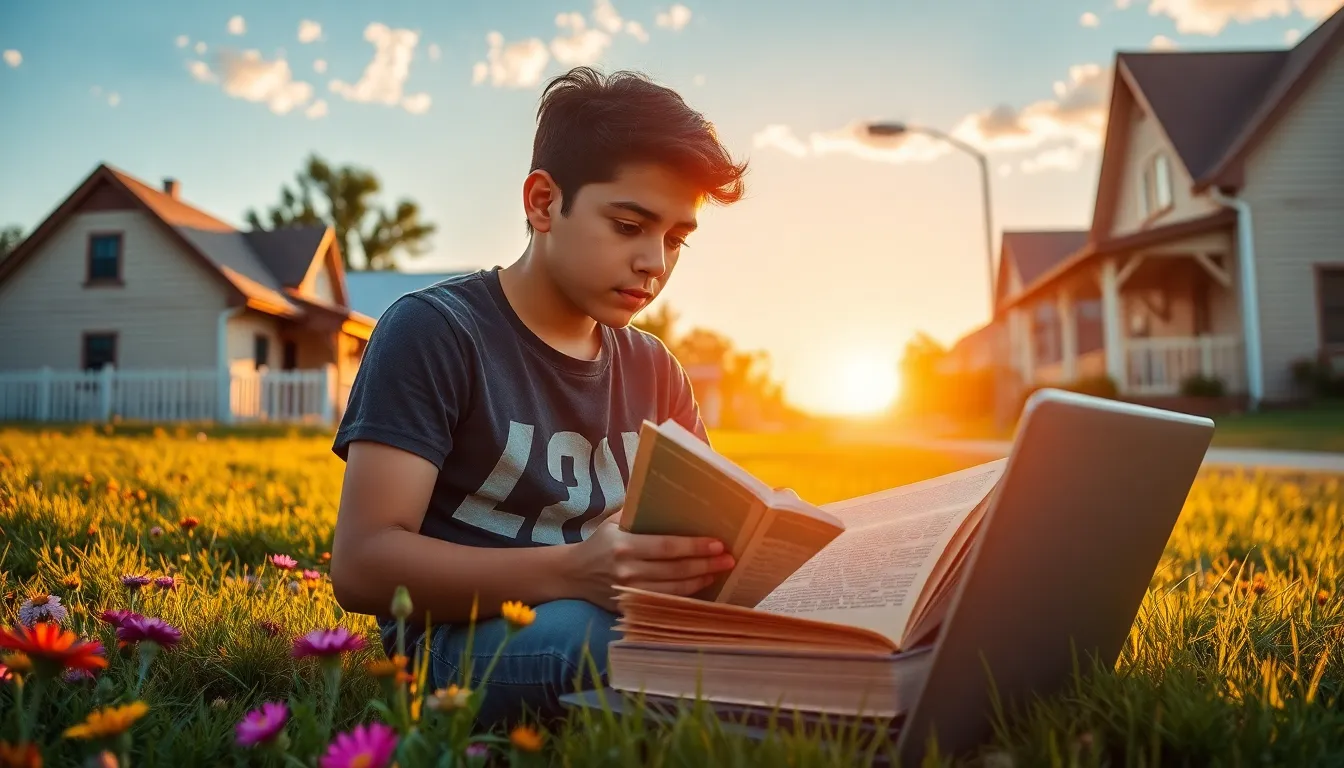 a young man reading a book on a grassy hill in a small town.