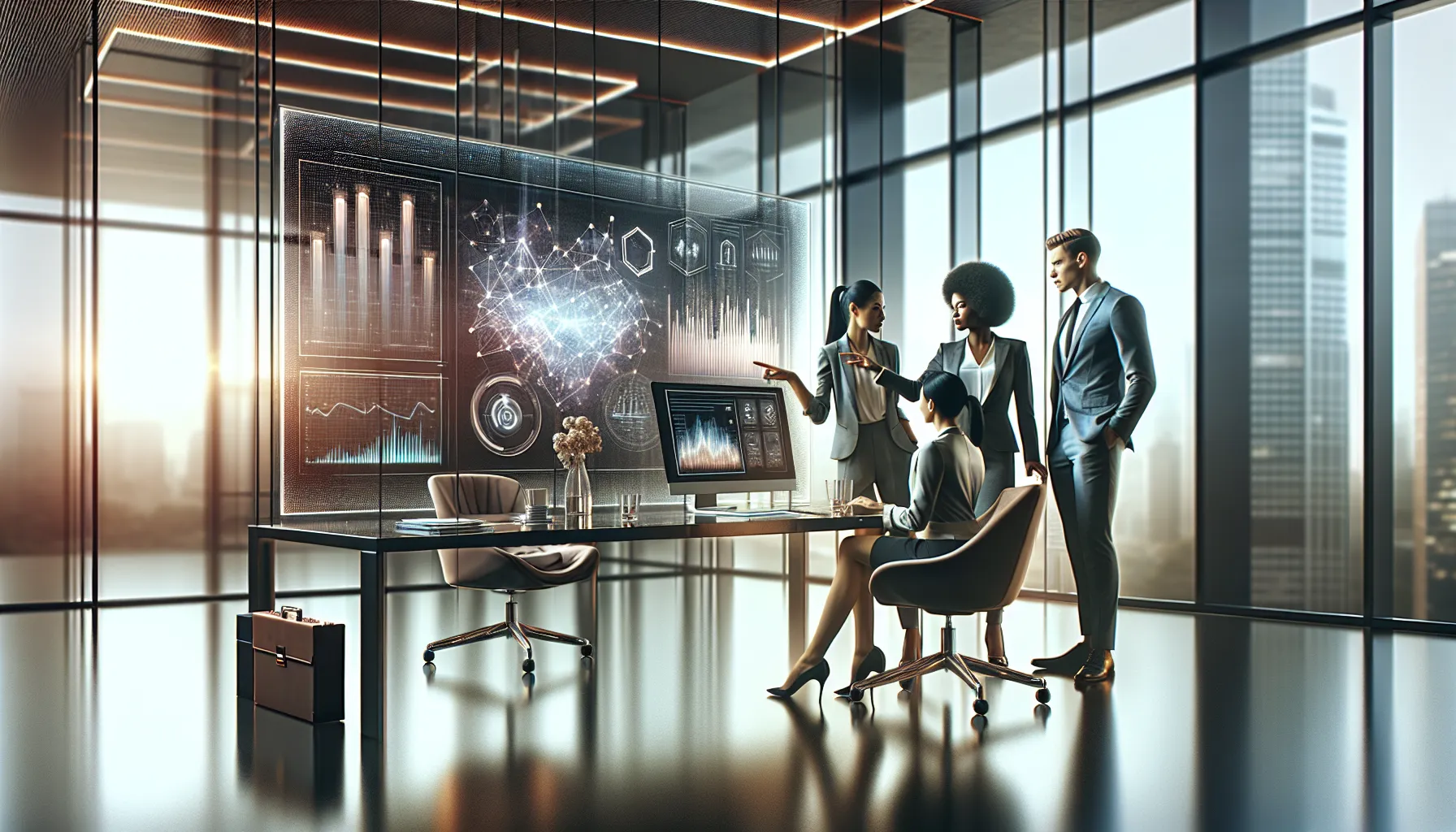 professionals discussing data analysis in a modern office.