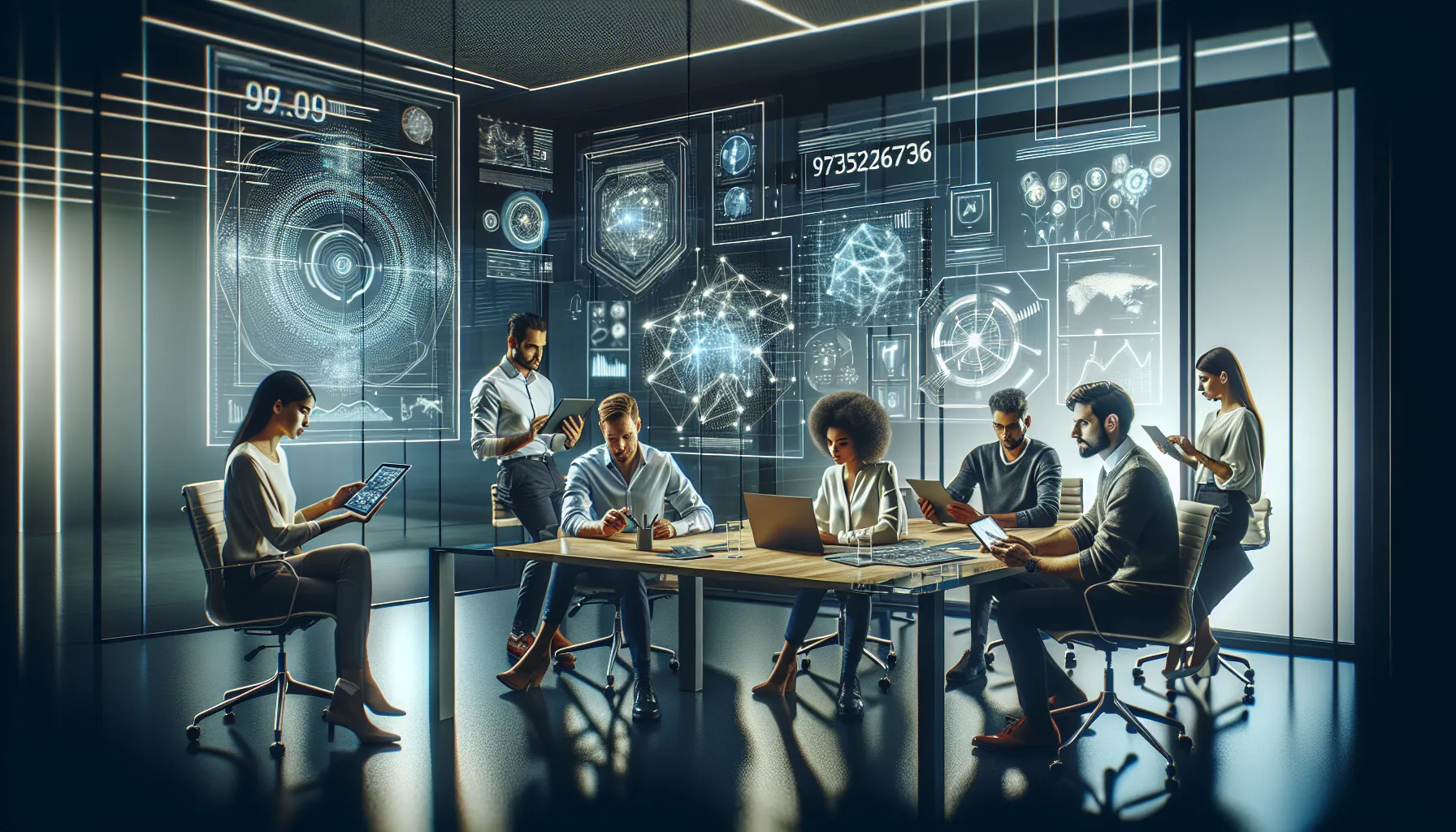 diverse team analyzing data in a modern office setting.