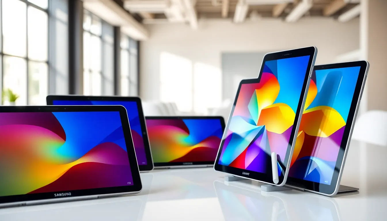 Display of Samsung Galaxy tablets with vibrant screens in a modern office.