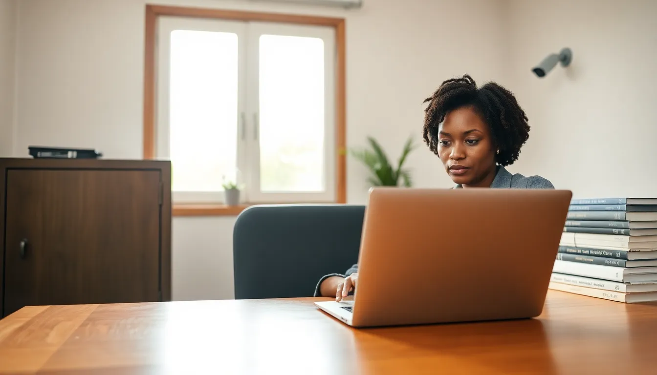 a woman working in a home office focused on online security measures.