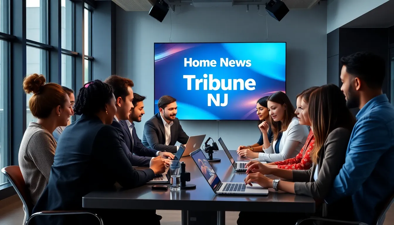 diverse journalists collaborating in a modern newsroom setting.