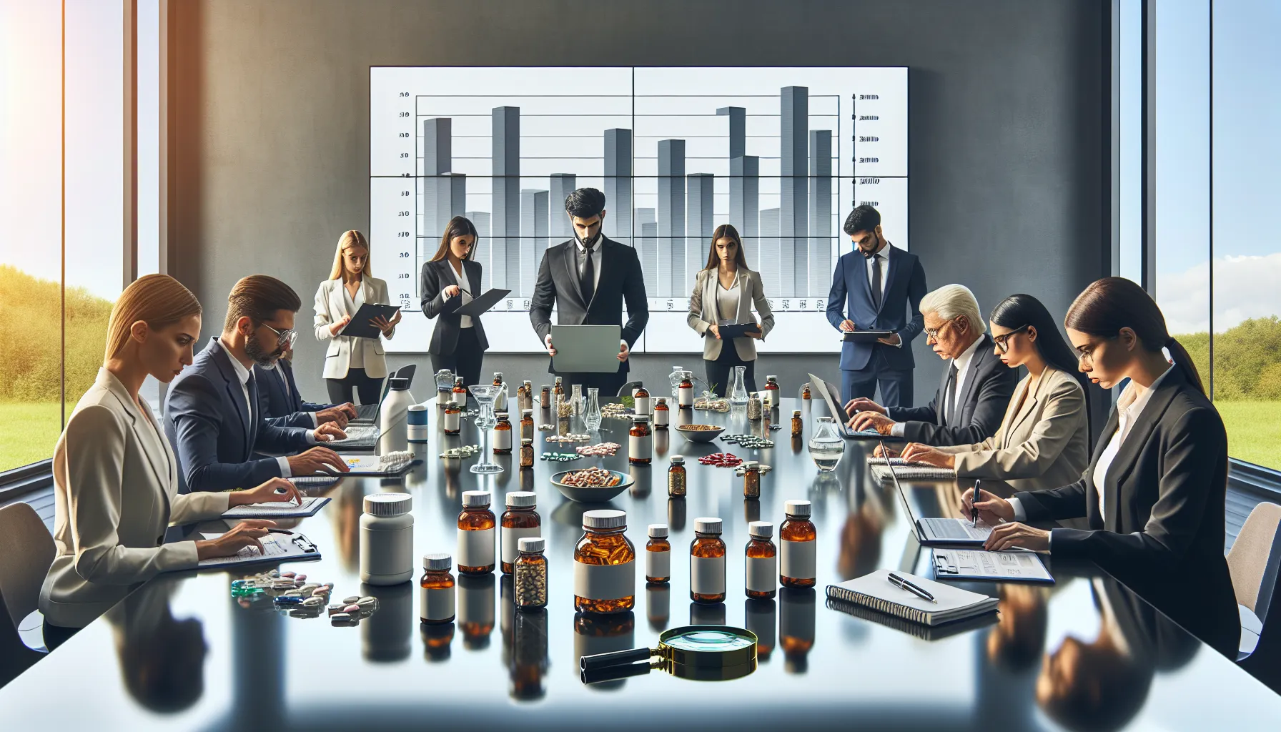 Healthcare professionals examining suspicious natural pharmaceutical products in a modern office setting.