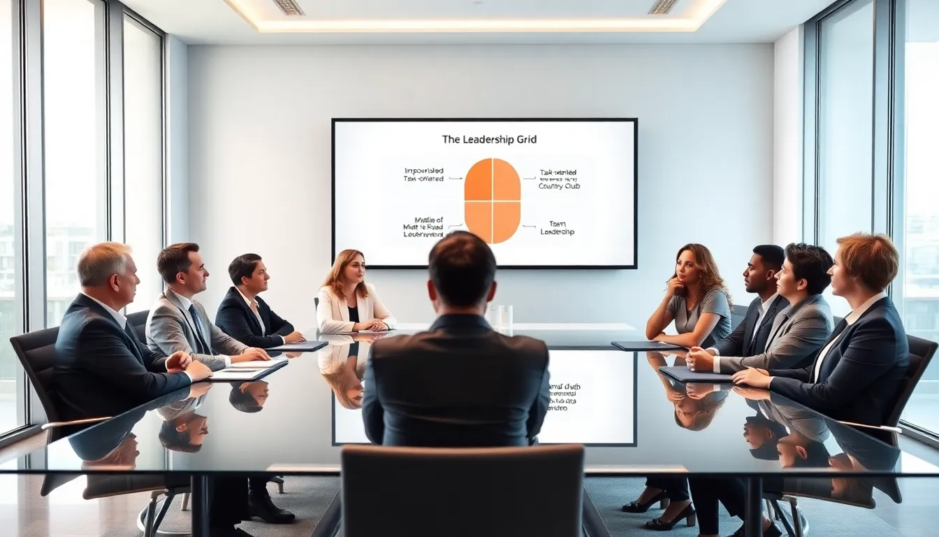 diverse professionals discussing the Leadership Grid in a modern office.