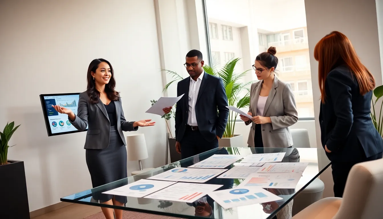 diverse team discussing FHA loans in a modern office.