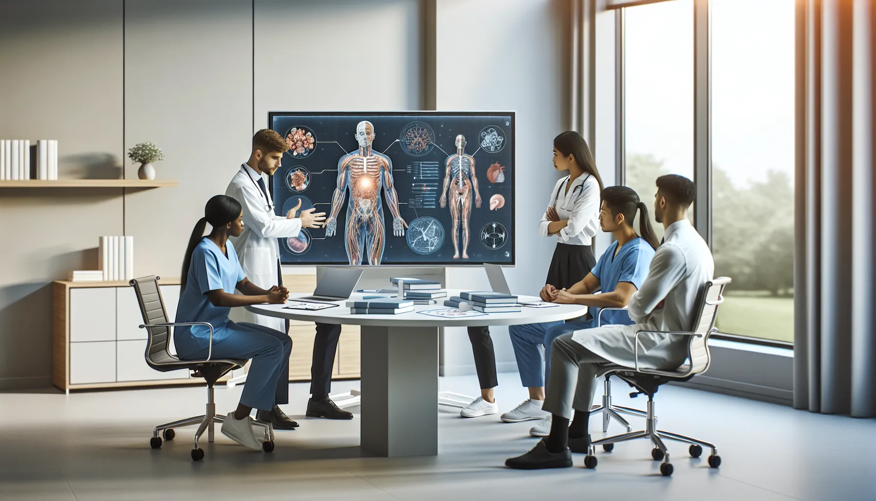 medical professionals discussing terminology in a modern conference room.