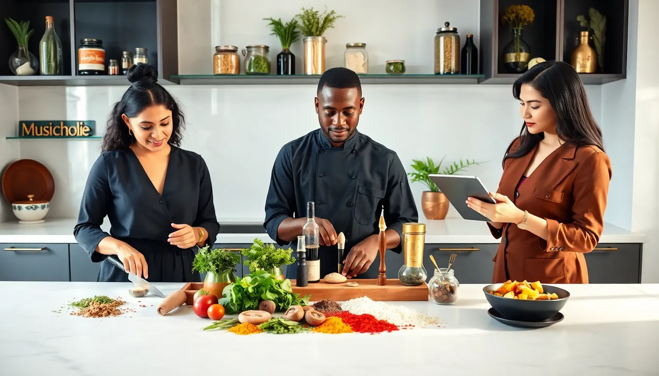diverse chefs preparing herbs and spices in a modern kitchen.