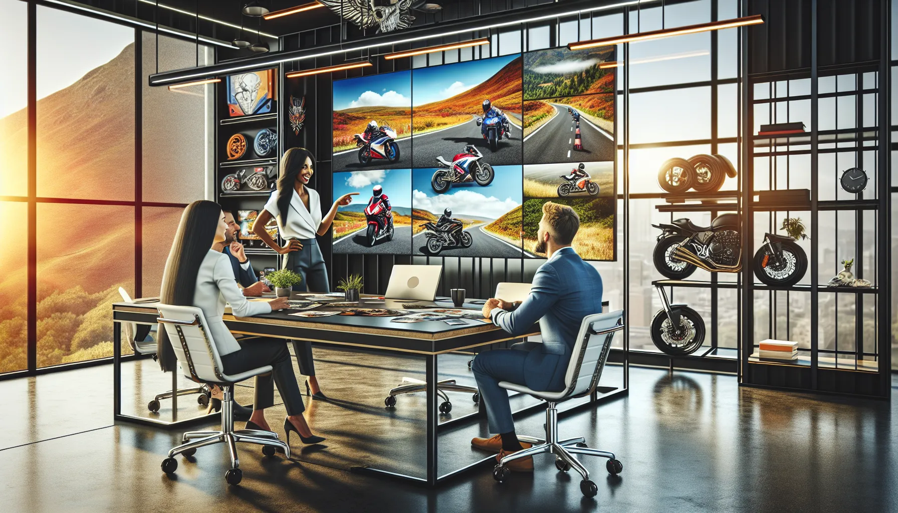 diverse team discussing motorcycle culture in a modern office.