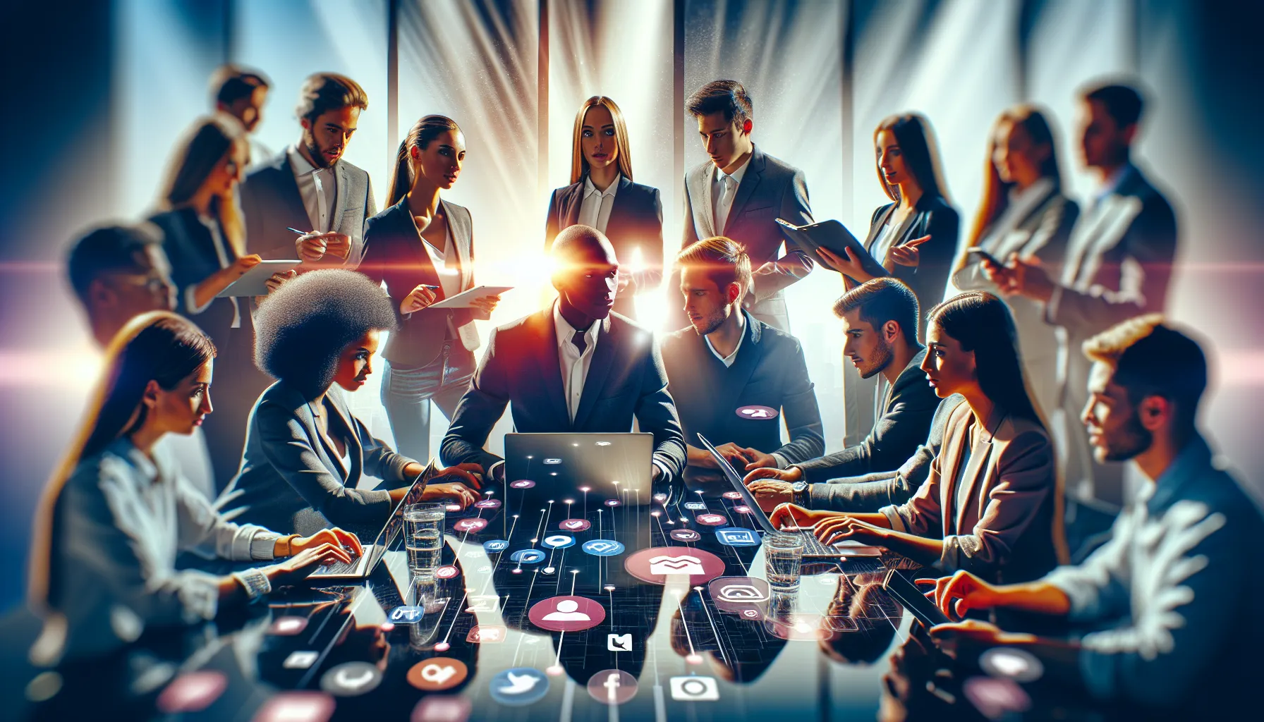 group of young professionals engaging with social media at a modern workspace.