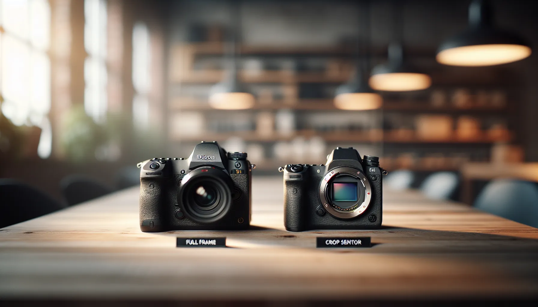 Comparison display of full-frame and crop sensor DSLR cameras in a studio.