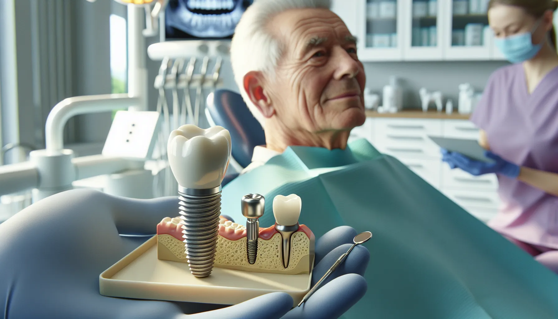 Elderly man in a norwegian dental clinic viewing a tooth implant model.