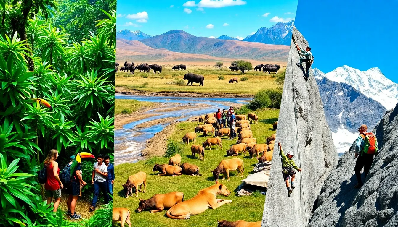 collage of global adventure destinations featuring the Amazon, Maasai Mara, and Swiss Alps.