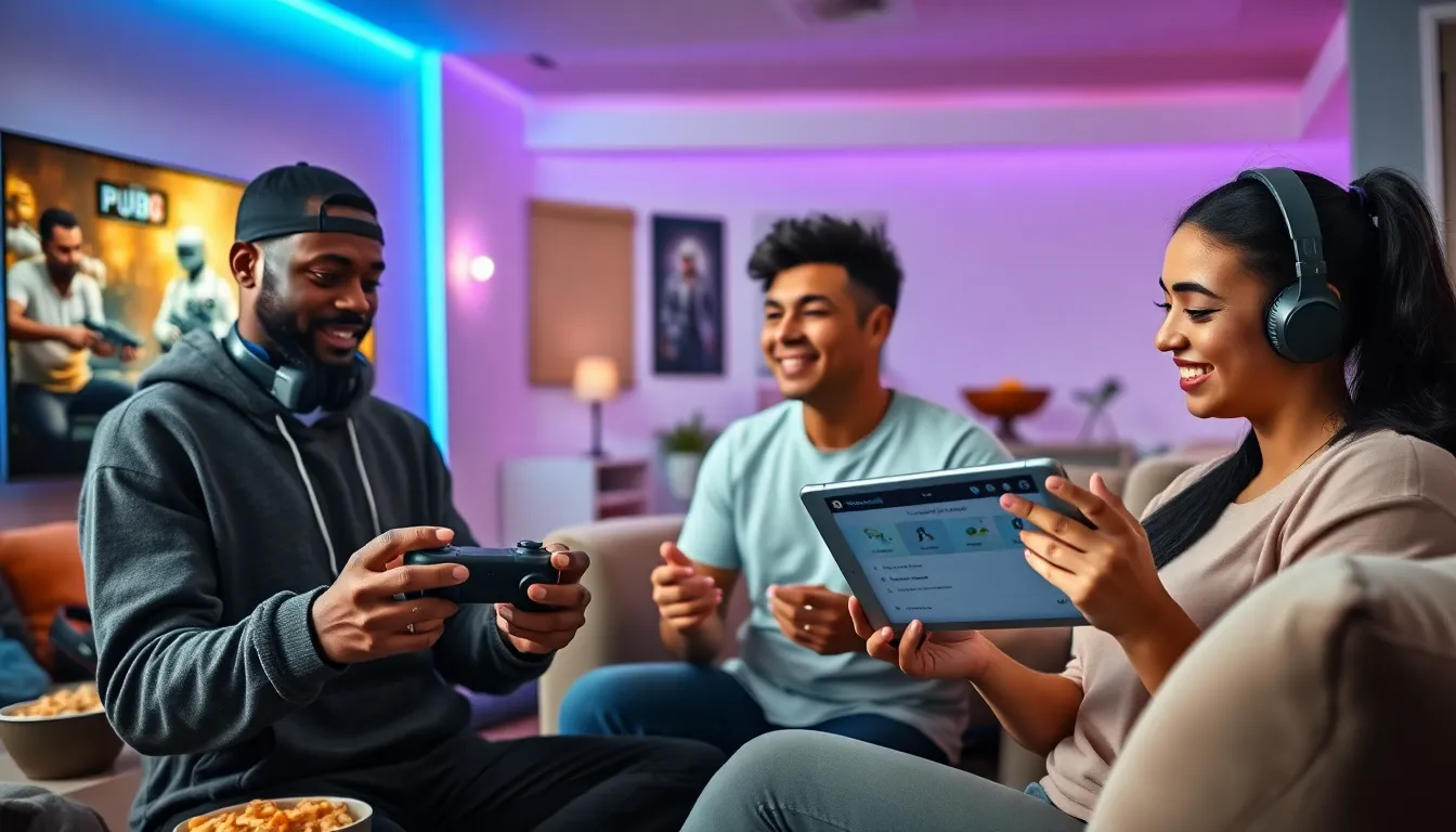 group of gamers using a controller to play PUBG Mobile on a large screen.