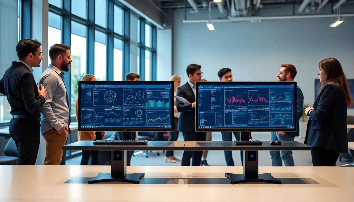 diverse team collaborating at a high-tech workstation with dual monitors.