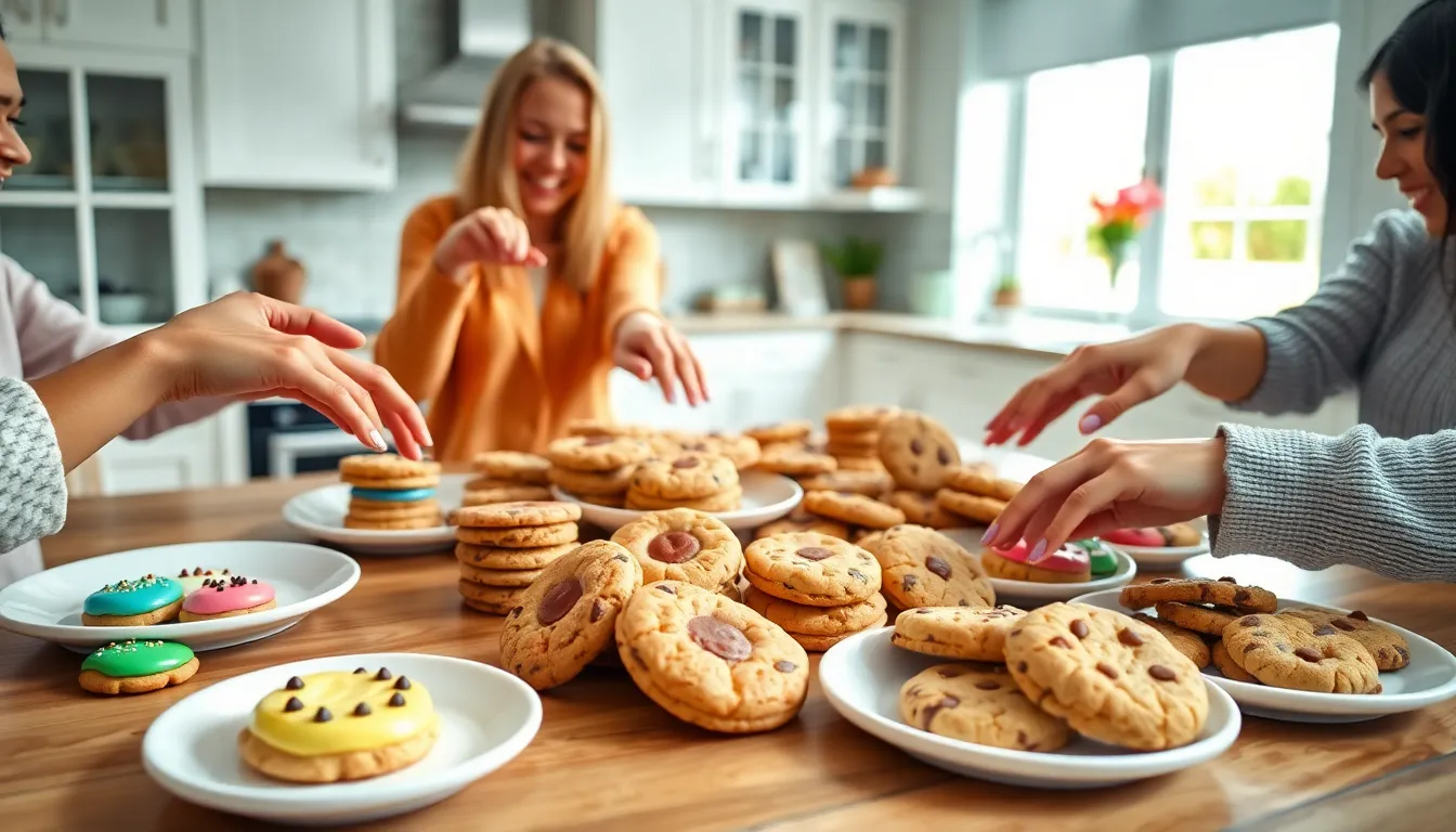 A festive table with assorted cookies and people happily reaching for them.
