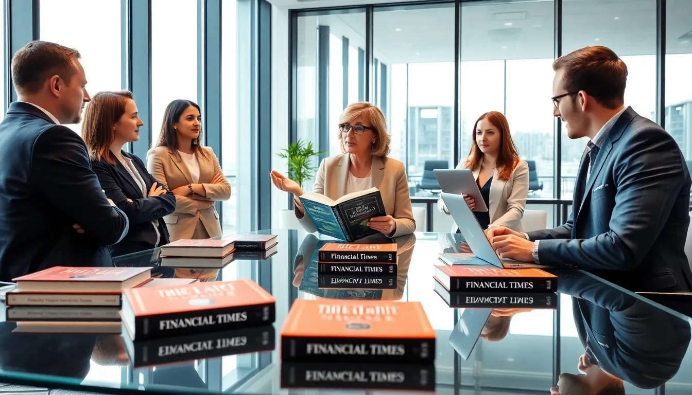 diverse team discussing Financial Times books in a modern office.