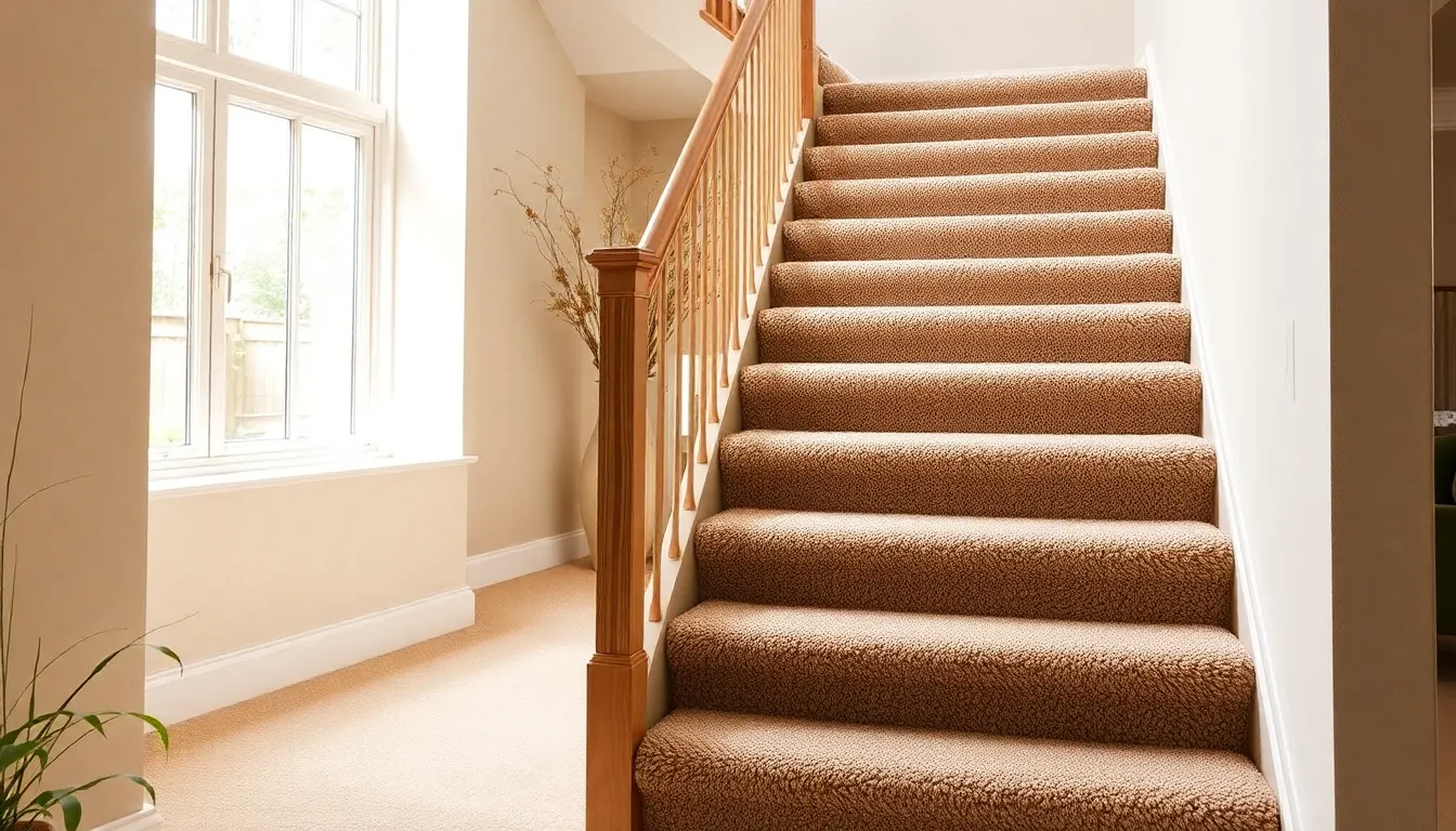 Modern staircase with eco-friendly carpet trends for 2025.