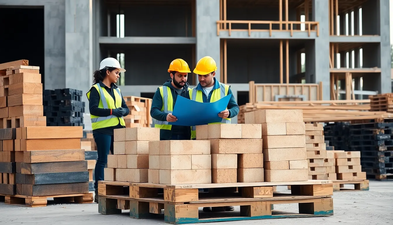 diverse construction team reviewing building blocks on site.