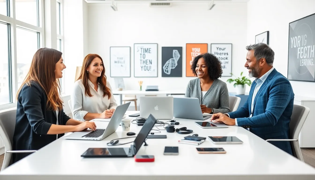 diverse team discussing technology in a modern office.