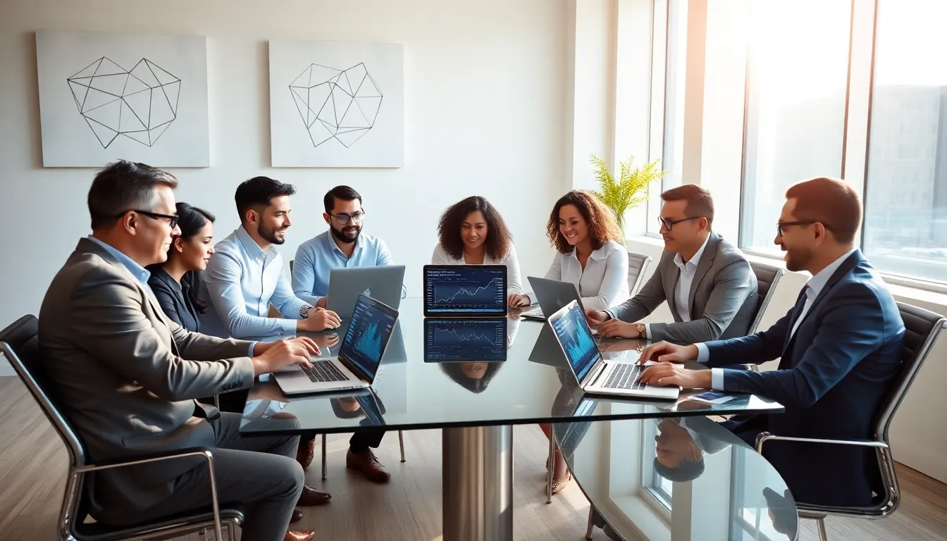 diverse professionals discussing blockchain technology in a modern office.