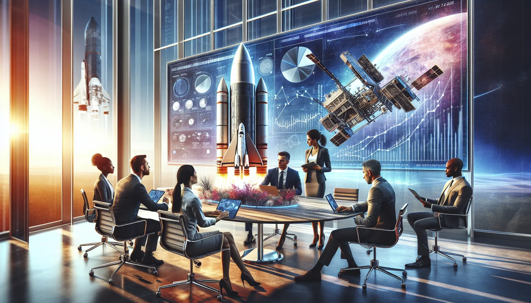 professionals discussing space industry trends in a modern office environment.