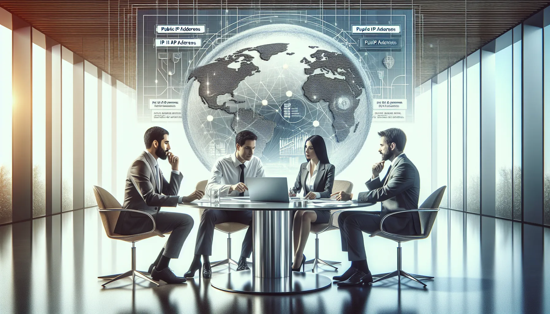 professionals discussing types of IP addresses in a modern office.