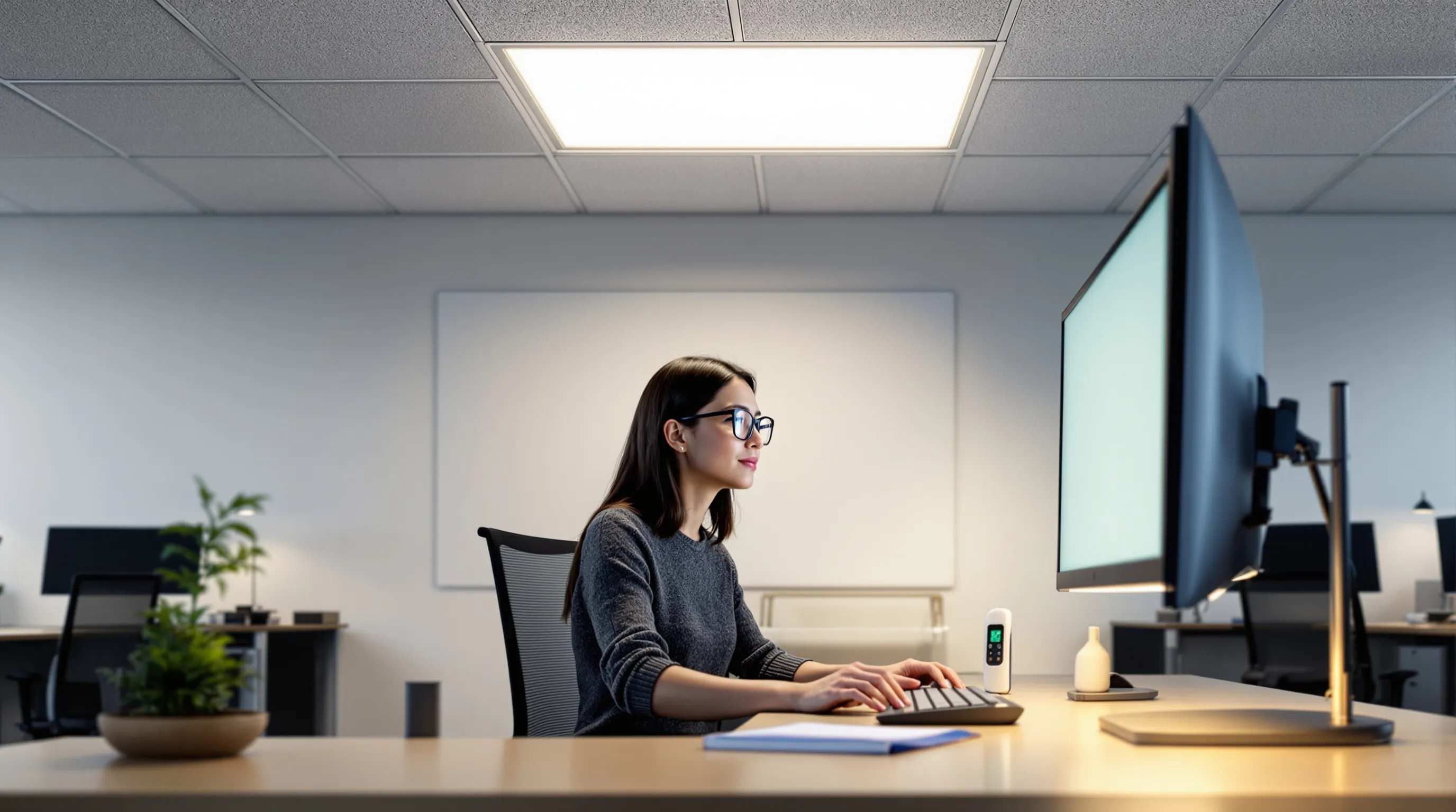 Office monitor with blue light filter under diffused LED ceiling light panels.